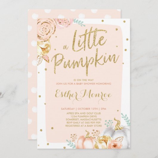 Pompoenen Baby shower Uitnodiging Blush Pink and G (Voorkant / Achterkant)