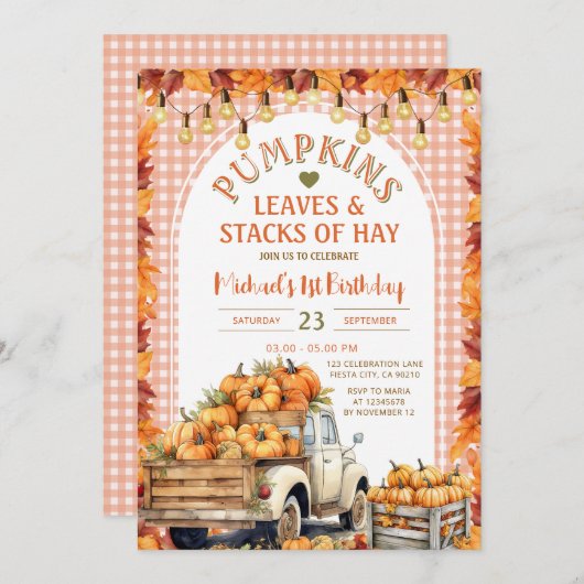 Pompoenen Bladeren en Stacks van Hay Herfst Verjaa Kaart (Voorkant / Achterkant)