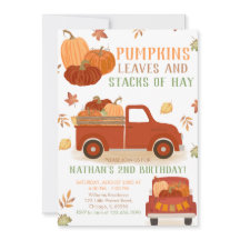 Pompoenen bladeren en stapels van hooi verjaardag