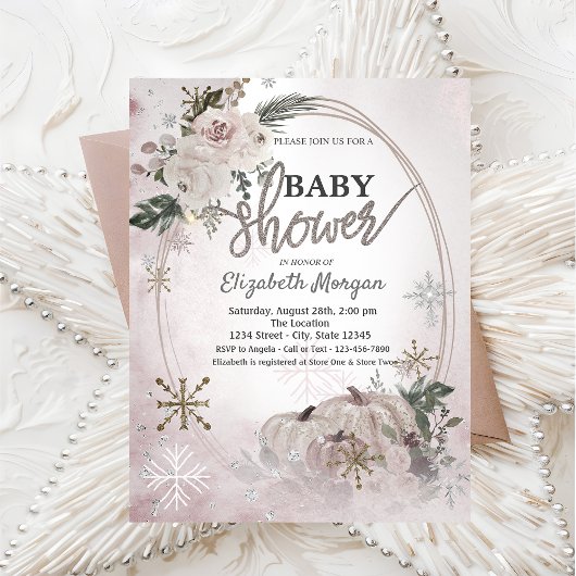 Pompoenen Boho Flowers, Snowflakes Baby shower Kaart
