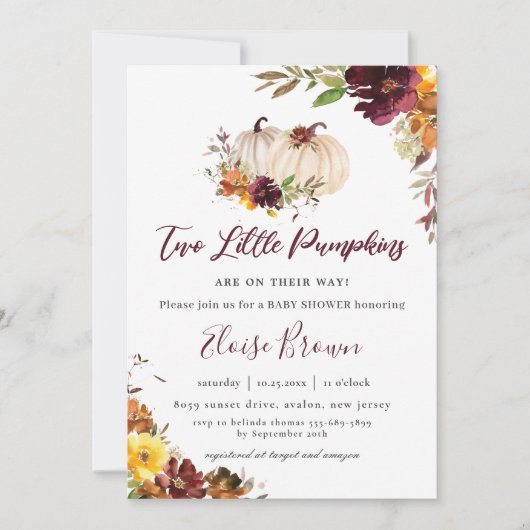 Pompoenen Bourgogne Sinaasappel Floral Twins Baby  Kaart (Voorkant)