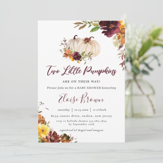 Pompoenen Bourgogne Sinaasappel Floral Twins Baby  Kaart (Staand voorkant)