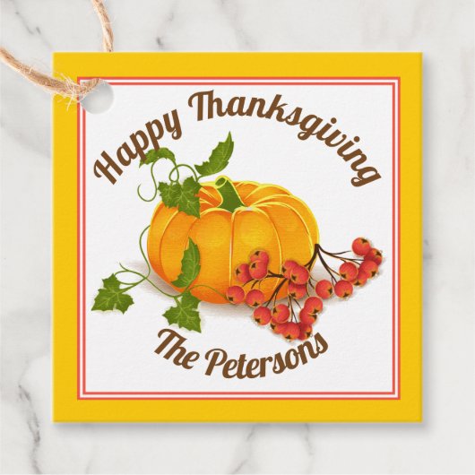 Pompoenen en bessen gele herfst Happy Thanksgiving Bedankjes Labels (Voorkant)