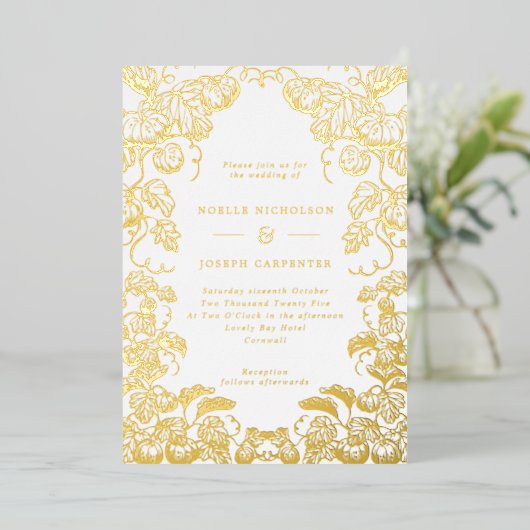 Pompoenen en bladeren Lijst neerstrijken Folie Uitnodiging (Staand Voorkant)