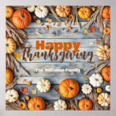 Pompoenen en bladeren op hout Herfst Thanksgiving Poster (Voorkant)