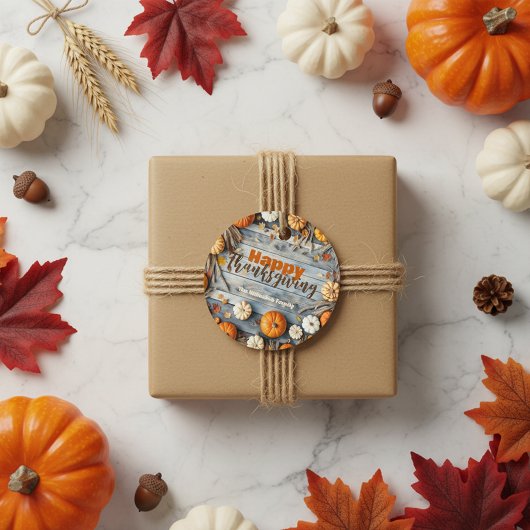 Pompoenen en bladeren op houten Herfst Thanksgivin Bedankjes Labels