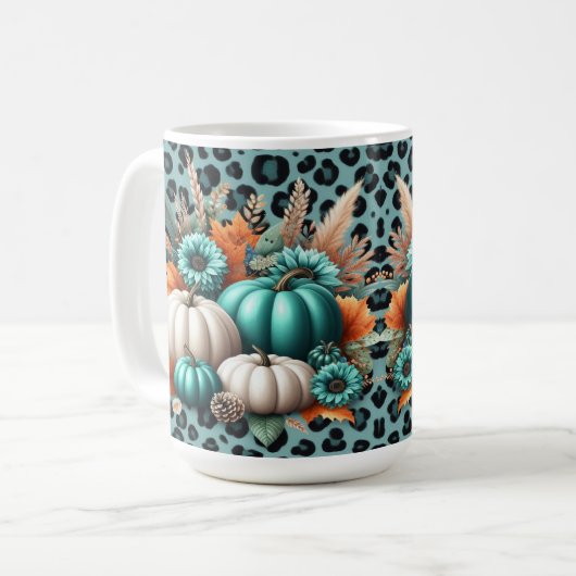 Pompoenen en bloemen op Leopard Print Koffiemok (Voorkant links)