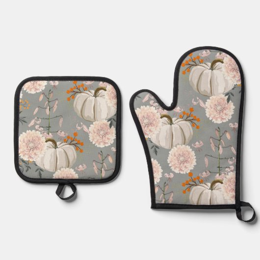 Pompoenen en bloemen ovenwant & pannenlap set (Voorkant)