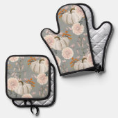 Pompoenen en bloemen ovenwant & pannenlap set (Voorkant / Achterkant)
