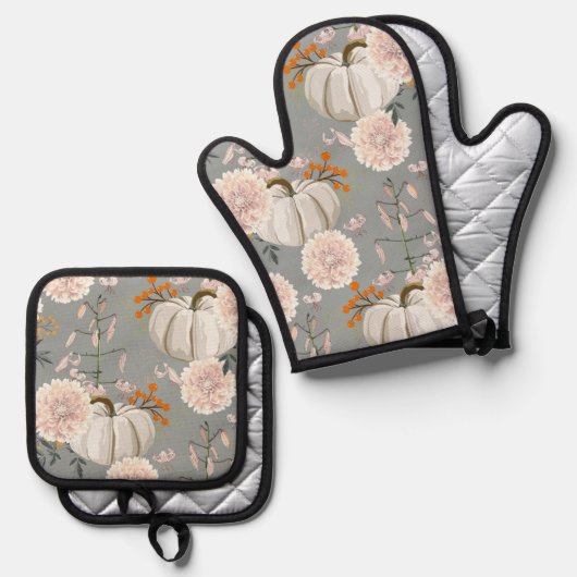 Pompoenen en bloemen ovenwant & pannenlap set (Voorkant / Achterkant)