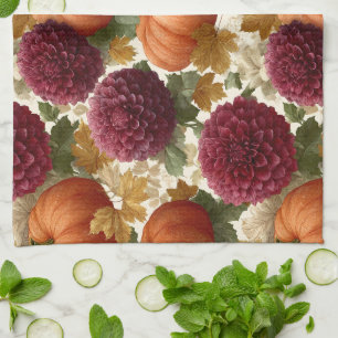 Pompoenen en Bourgondische herfstbloemen Theedoek