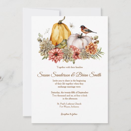 Pompoenen en Florals Fall Wedding Invitation Kaart (Voorkant)
