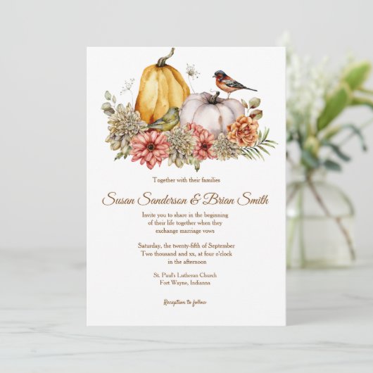 Pompoenen en Florals Fall Wedding Invitation Kaart (Staand voorkant)