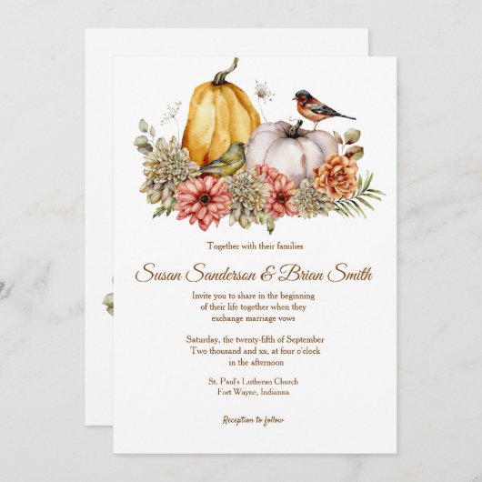 Pompoenen en Florals Fall Wedding Invitation Kaart (Voorkant / Achterkant)