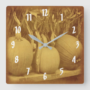 Pompoenen en gedroogde maïsstengels vierkante klok