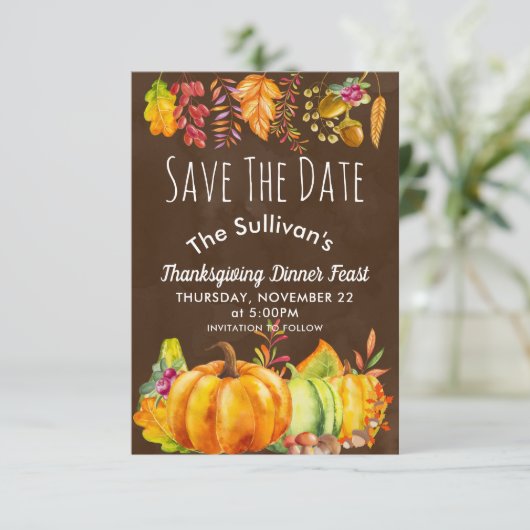 Pompoenen en herfst bladeren grens opslaan van de save the date (Staand voorkant)