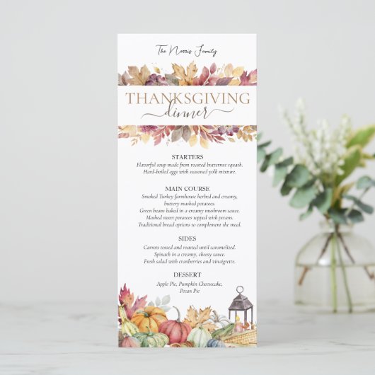 Pompoenen en herfst bladeren rustieke Thanksgiving Menu (Staand voorkant)