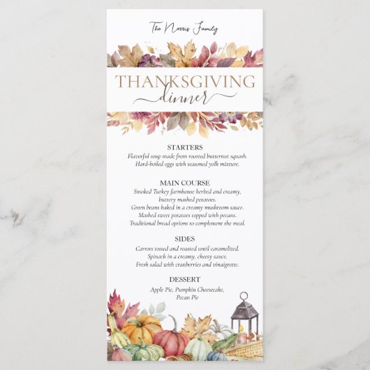 Pompoenen en herfst bladeren rustieke Thanksgiving Menu (Voorkant)