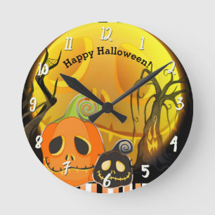 Pompoenen en moon Whimsical Halloween Custom Ronde Klok