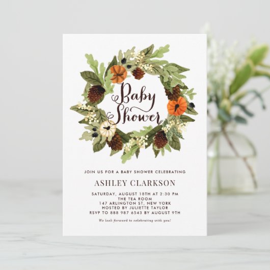 Pompoenen en Pinecones Krans Herfst Baby shower Kaart (Staand voorkant)