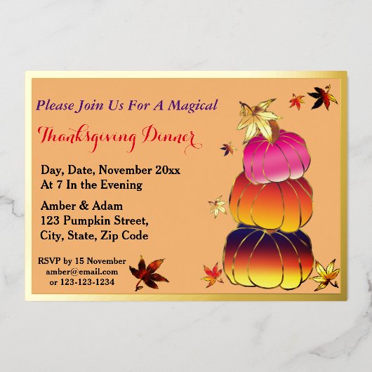Pompoenen en pompoenen gradiënt, goud, Thanksgivin Folie Uitnodiging (Voorkant)