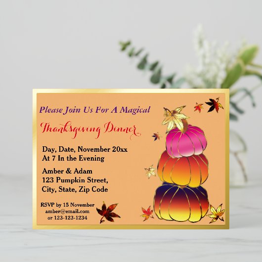Pompoenen en pompoenen gradiënt, goud, Thanksgivin Folie Uitnodiging (Staand Voorkant)