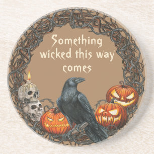 Pompoenen en Raven Halloween Wreath Zandsteen Onderzetter