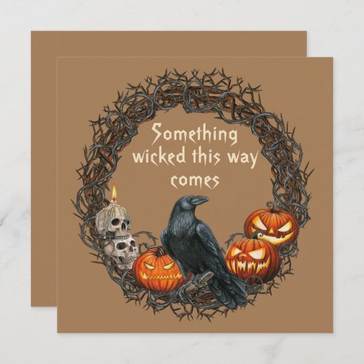 Pompoenen en Raven Wreath Halloween Kaart (Voorkant / Achterkant)