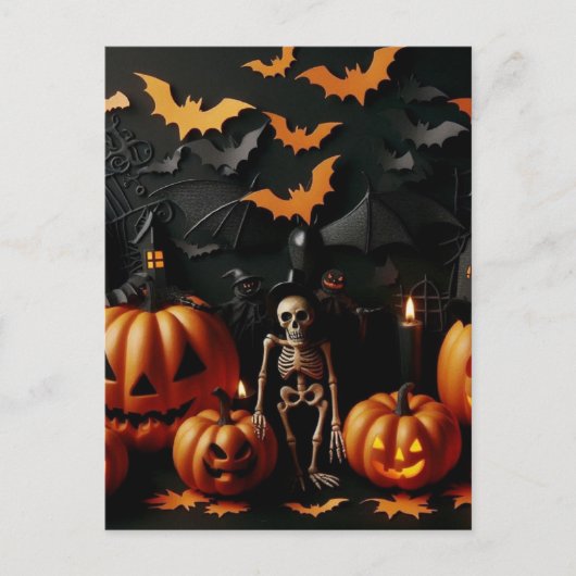 Pompoenen en skelet briefkaart (Voorkant)