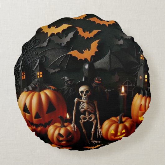 Pompoenen en skelet rond kussen (Achterkant)