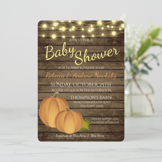 Pompoenen en verlichting Rustiek Herfst Baby showe Kaart (Staand voorkant)