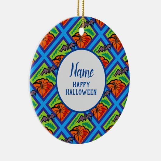 Pompoenen en vleermuizen in Pattern, Name, Hallowe Keramisch Ornament (Rechts)