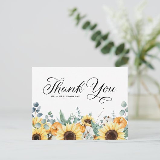 Pompoenen en Zonnebloemen Fall Wedding Dank u Briefkaart (Staand voorkant)