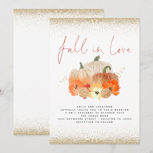 Pompoenen Florals Gold Glitter Herfst in Love Wedd Kaart (Voorkant / Achterkant)