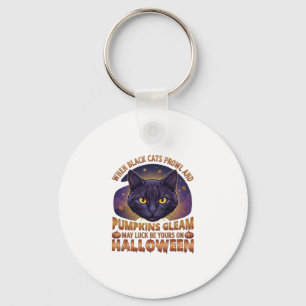Pompoenen Glanzen Halloween Zwarte Kat Vallende Bl Sleutelhanger