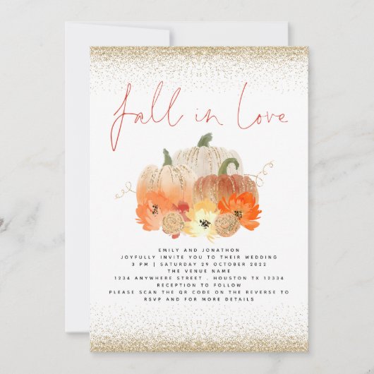 Pompoenen Goud Glitters QR Code Herfst Verliefd Hu Kaart (Voorkant)