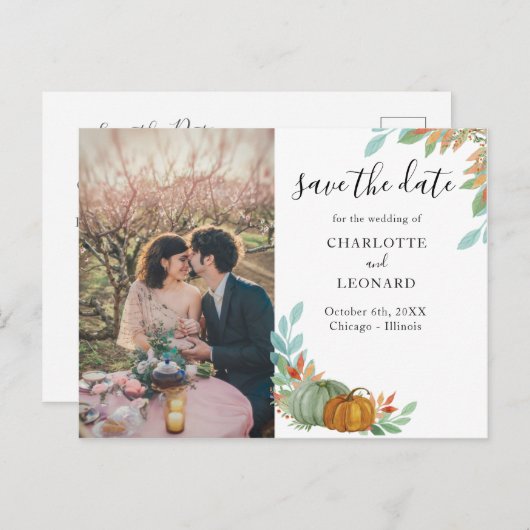 Pompoenen herfst bruiloft opslaan van de datum fot aankondigingskaart (Voorkant / Achterkant)