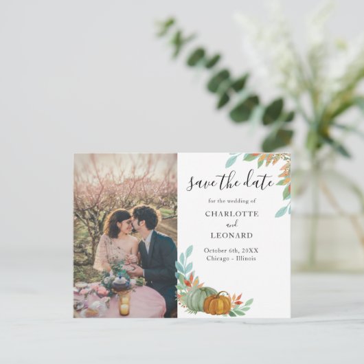 Pompoenen herfst bruiloft opslaan van de datum fot aankondigingskaart (Staand voorkant)