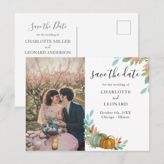 Pompoenen Herfst Bruiloft save the date foto Aankondigingskaart (Voorkant / Achterkant)