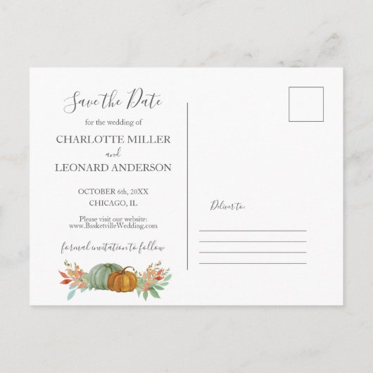 Pompoenen Herfst Bruiloft save the date foto Aankondigingskaart (Achterkant)