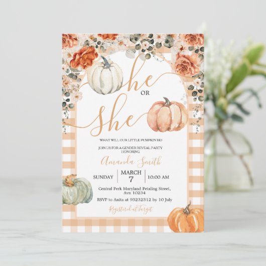 Pompoenen Hij of zij Bloemen Herfst Gender Reveal  Kaart (Staand voorkant)