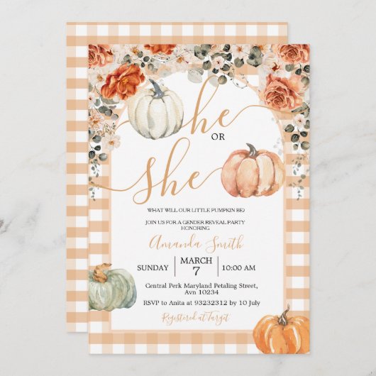 Pompoenen Hij of zij Bloemen Herfst Gender Reveal  Kaart (Voorkant / Achterkant)