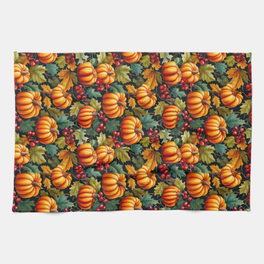 Pompoenen in de bladeren met bessen theedoek (Horizontaal)