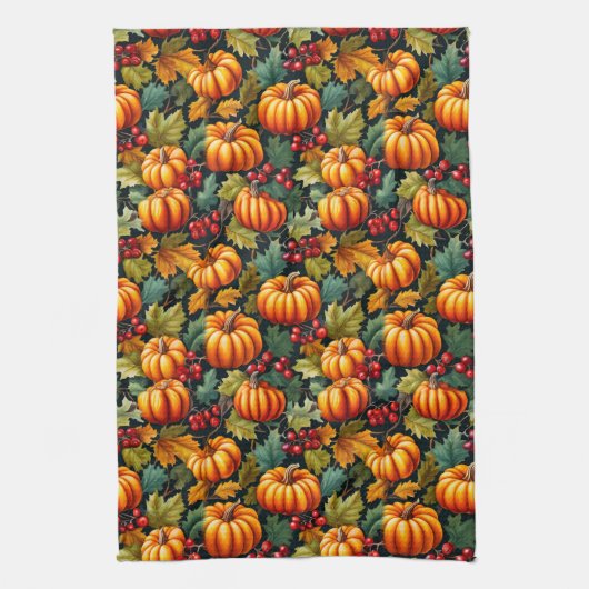 Pompoenen in de bladeren met bessen theedoek (Verticaal)