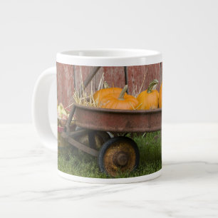 Pompoenen in oude wagen grote koffiekop