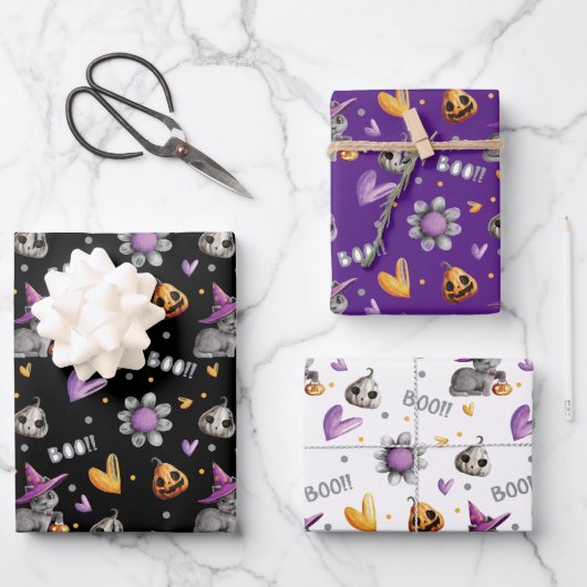 Pompoenen, katten en bloemen, boo Halloween Inpakpapier Vel (Voorkant)