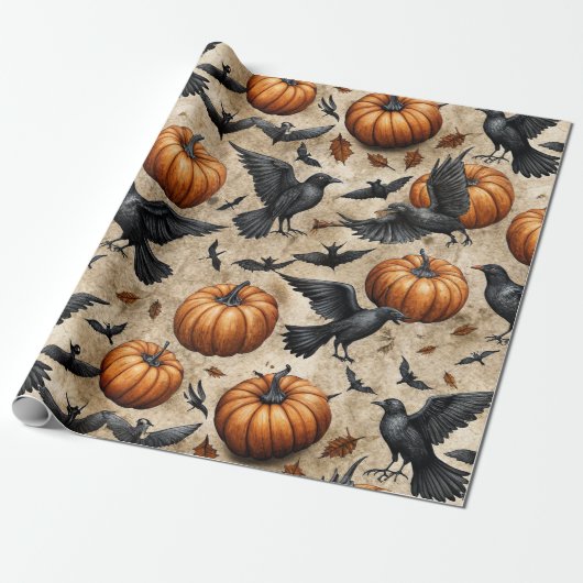 Pompoenen, kraaien en vleermuizen Halloween-patroo Cadeaupapier (Uitgerold)