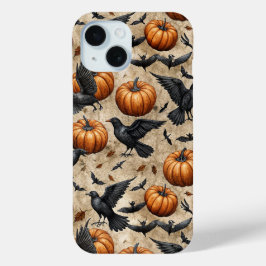Pompoenen, kraaien en vleermuizen Halloween-patroo iPhone 15 Case