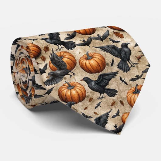 Pompoenen, kraaien en vleermuizen Halloween-patroo Stropdas (Opgerold)