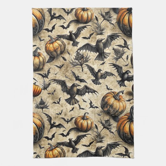 Pompoenen, kraaien en vleermuizen Halloween patroo Theedoek (Verticaal)